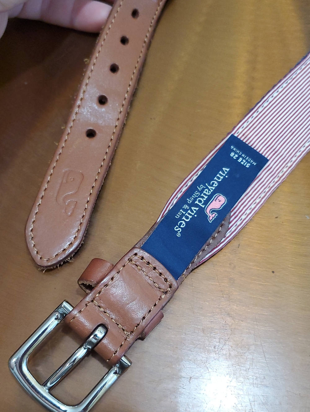 Vineyard Vines Teens Tan Leather-Trim Striped Web Belt